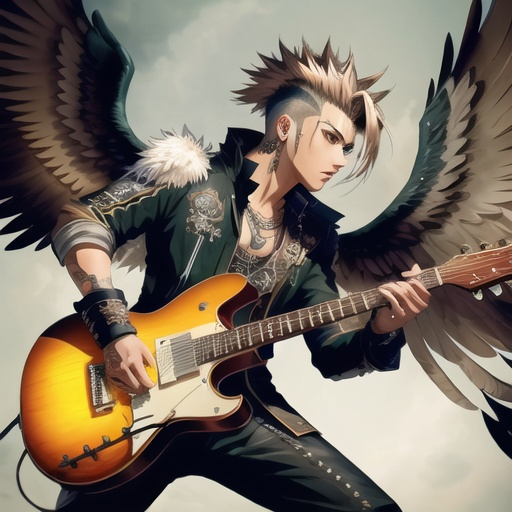 Prompt: Anime illustration of a handsome male with eagle wings spread wide, feather outfit, light brown messy mohawk hair, ear piercings, playing electric guitar, intense and confident expression, detailed feathers and wings, cool-toned highres, ultra-detailed, anime, fantasy, detailed hair, intense gaze, stylish outfit, professional, atmospheric lighting