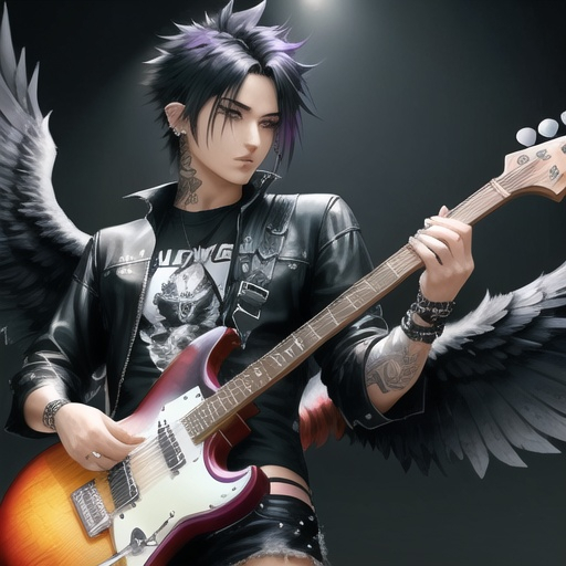 Prompt: male anime human with raven wings, wings spread wide, grunge outfit, good looking, playing electric guitar, black scene hair, ear piercings, looks awesome