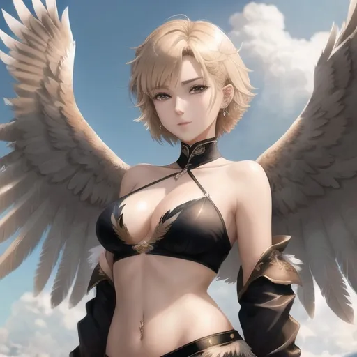 Prompt: female anime human with eagle wings, wings spread wide, hot feather outfit, good looking, light brown straight short hair, ear piercings, looks awesome