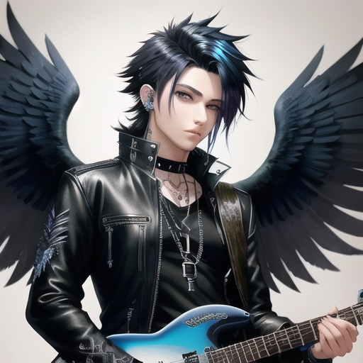Prompt: male anime human with raven wings, wings spread wide, grunge outfit, good looking, playing blue electric guitar, black scene hair, ear piercings, looks awesome