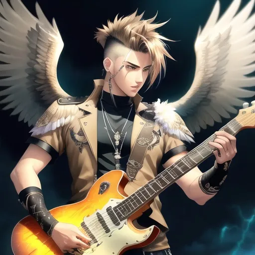 Prompt: Anime illustration of a handsome male with eagle wings spread wide, feather outfit, light brown messy mohawk hair, ear piercings, playing electric guitar, intense and confident expression, detailed feathers and wings, cool-toned highres, ultra-detailed, anime, fantasy, detailed hair, intense gaze, stylish outfit, professional, atmospheric lighting