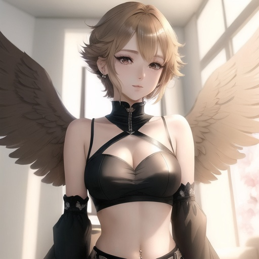 Prompt: female anime human with wings, wings spread wide, kawaii outfit, good looking, light brown straight short hair, ear piercings, looks awesome