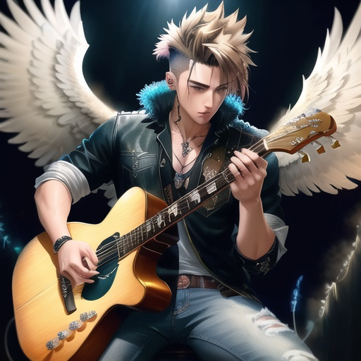 Prompt: Anime illustration of a handsome male with eagle wings spread wide, feather outfit, light brown messy mohawk hair, ear piercings, playing electric guitar, intense and confident expression, detailed feathers and wings, cool-toned highres, ultra-detailed, anime, fantasy, detailed hair, intense gaze, only wearing jeans, professional, atmospheric lighting