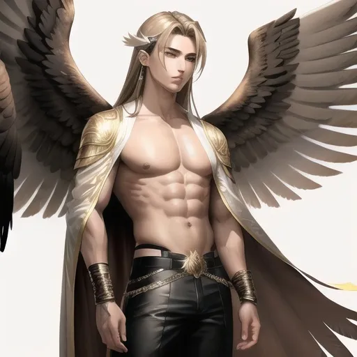 Prompt: male anime human with eagle wings, wings spread wide, sleek feather outfit, good looking, light brown straight hair, ear piercings, looks awesome