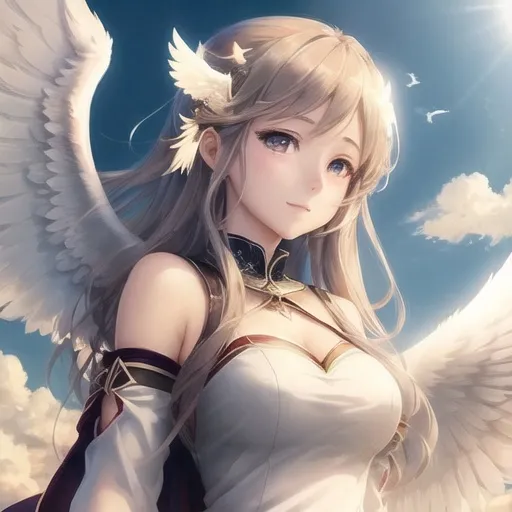 Prompt: beautiful anime girl, angel wings flying in sky