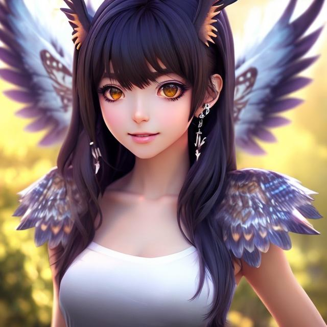 Prompt: female realistic anime human with owl wings, wings spread wide, kawaii outfit, good looking, light brown straight short hair, ear piercings, looks awesome