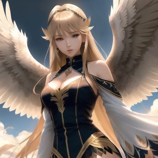 Prompt: female anime human with eagle wings, wings spread wide, silky feather outfit, good looking, light brown straight hair, ear piercings, looks awesome