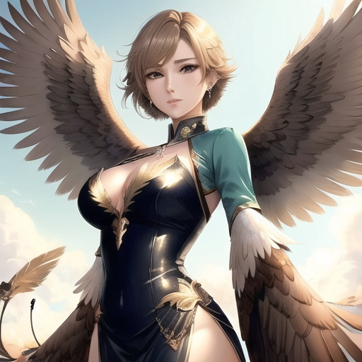 Prompt: female anime human with eagle wings, wings spread wide, silky feather outfit, good looking, light brown straight short hair, ear piercings, looks awesome