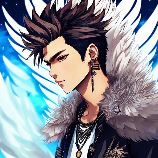 Prompt: Anime illustration of a handsome male with eagle wings spread wide, feather outfit, light brown messy mohawk hair, ear piercings, playing electric guitar, intense and confident expression, detailed feathers and wings, cool-toned highres, ultra-detailed, anime, fantasy, detailed hair, intense gaze, no shirt, professional, atmospheric lighting