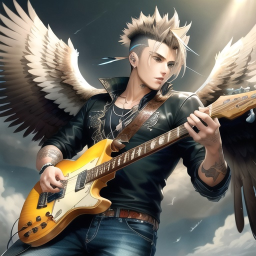 Prompt: Anime illustration of a handsome male with eagle wings spread wide, feather outfit, light brown messy mohawk hair, ear piercings, playing electric guitar, intense and confident expression, detailed feathers and wings, cool-toned highres, ultra-detailed, anime, fantasy, detailed hair, intense gaze, only has jeans on, professional, atmospheric lighting