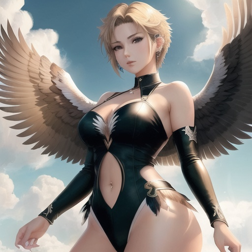 Prompt: female anime human with eagle wings, wings spread wide, hot feather outfit, good looking, light brown straight short hair, ear piercings, looks awesome