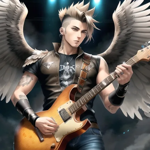 Prompt: Anime illustration of a handsome male with eagle wings spread wide, feather outfit, light brown messy mohawk hair, ear piercings, playing electric guitar, intense and confident expression, detailed feathers and wings, cool-toned highres, ultra-detailed, anime, fantasy, detailed hair, intense gaze, only wearing jeans, professional, atmospheric lighting