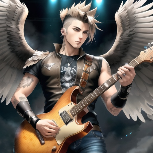 Prompt: Anime illustration of a handsome male with eagle wings spread wide, feather outfit, light brown messy mohawk hair, ear piercings, playing electric guitar, intense and confident expression, detailed feathers and wings, cool-toned highres, ultra-detailed, anime, fantasy, detailed hair, intense gaze, only wearing jeans, professional, atmospheric lighting