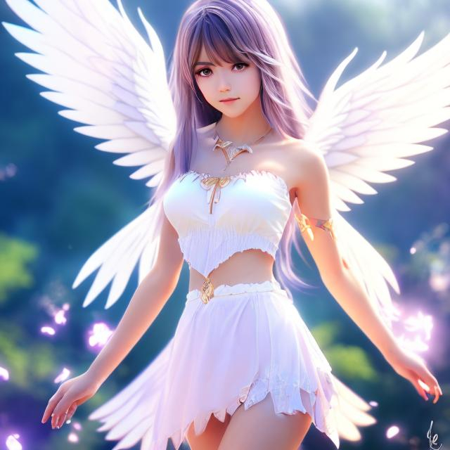 Prompt: female realistic anime human with wings, wings spread wide, kawaii outfit, good looking, light brown straight short hair, ear piercings, looks awesome