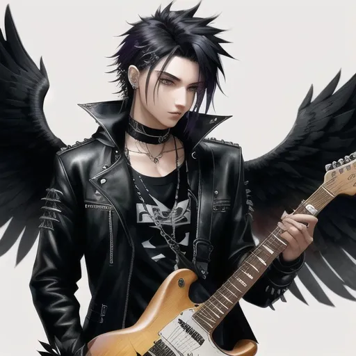 Prompt: male anime human with raven wings, wings spread wide, grunge outfit, good looking, playing electric guitar, black scene hair, ear piercings, looks awesome