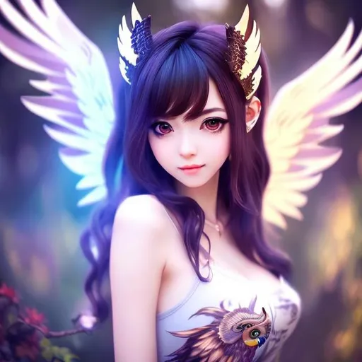 Prompt: female realistic anime human with owl wings, wings spread wide, kawaii outfit, good looking, light brown straight short hair, ear piercings, looks awesome