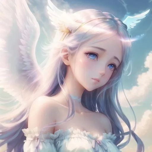 Prompt: Beautiful anime girl with angel wings flying in the sky, ethereal and graceful, heavenly clouds surrounding, glowing halo above her head, soft pastel color palette, whimsical and dreamy, detailed eyes, flowing hair, high quality, anime, angelic, pastel tones, ethereal lighting