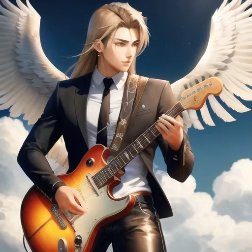 Prompt: male anime human with eagle wings, wings spread wide, sleek feather outfit, good looking, light brown straight hair, ear piercings, looks awesome, playing electric guitar