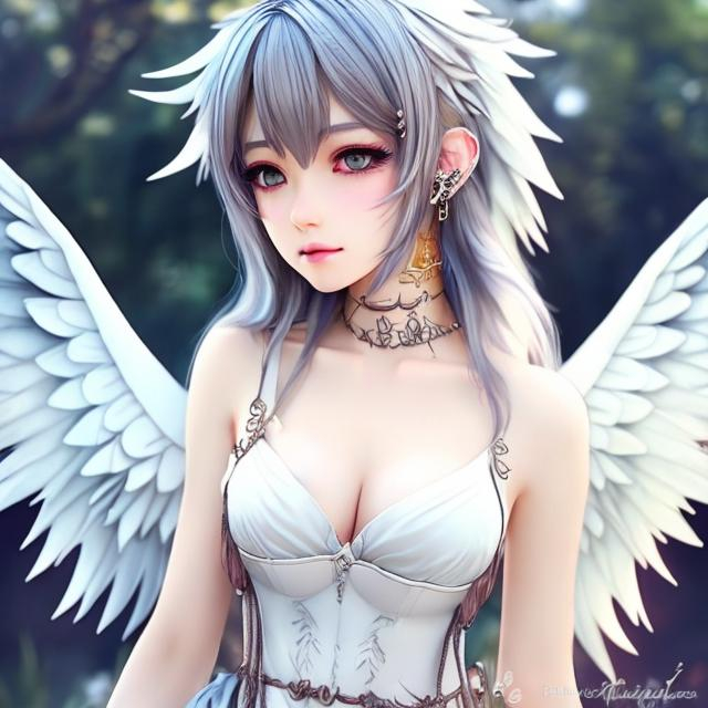 Prompt: female realistic anime human with white raven wings, wings spread wide, kawaii outfit, good looking, light brown straight short hair, ear piercings, looks awesome