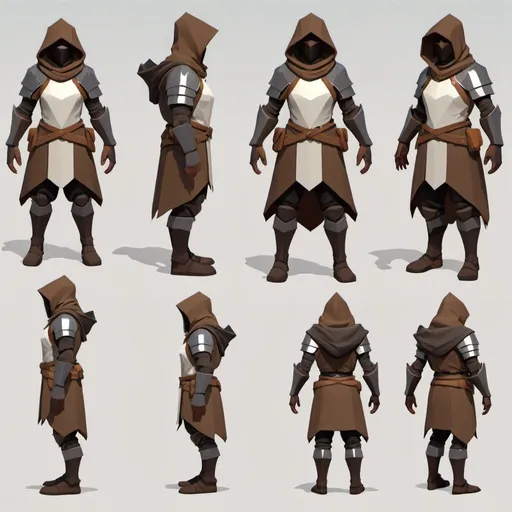 Prompt: character turnaround for a simple low poly armored and hooded main character that takes place on floating islands.    Game is like a roguelike where the character kills or slashes through enem