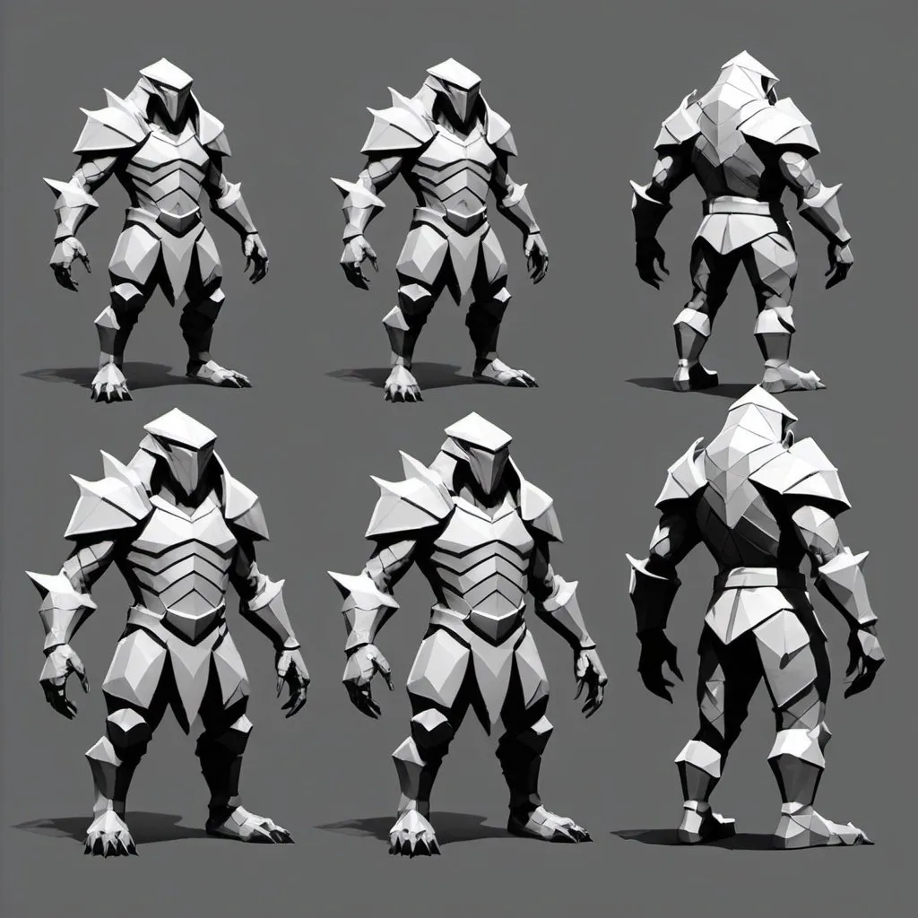 Prompt: character turnaround sketch for a simple low poly armored enemy monster character that takes place on floating islands.    Game is like a roguelike where the character kills or slashes through enem
