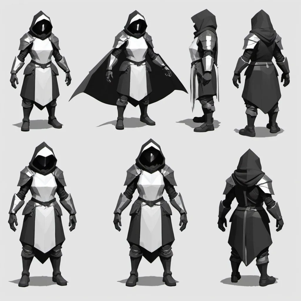 Prompt: character turnaround sketch for a simple low poly armored and hooded main character that takes place on floating islands.    Game is like a roguelike where the character kills or slashes through enem