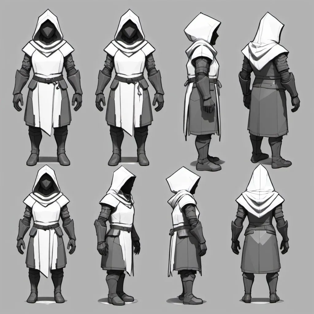 Prompt: character turnaround sketch for a simple low poly armored and hooded main character that takes place on floating islands.    Game is like a roguelike where the character kills or slashes through enem