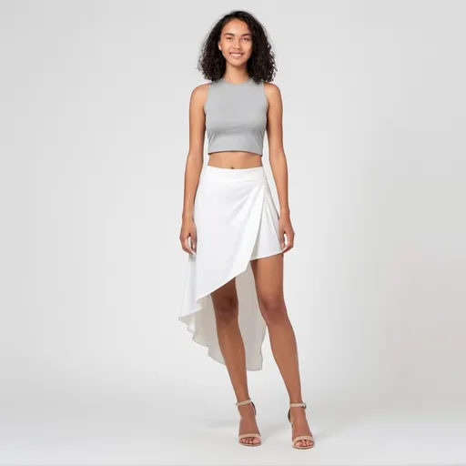 Prompt: asymmetrical hem skirt front is knee length, back is heel length. there are 2 skirts. the inner white overlap skirt is knee length, the outer skirt is a flowy asymetrical hem whre the front is wide 
open up to the waist so that the inner skirt can still be seen

