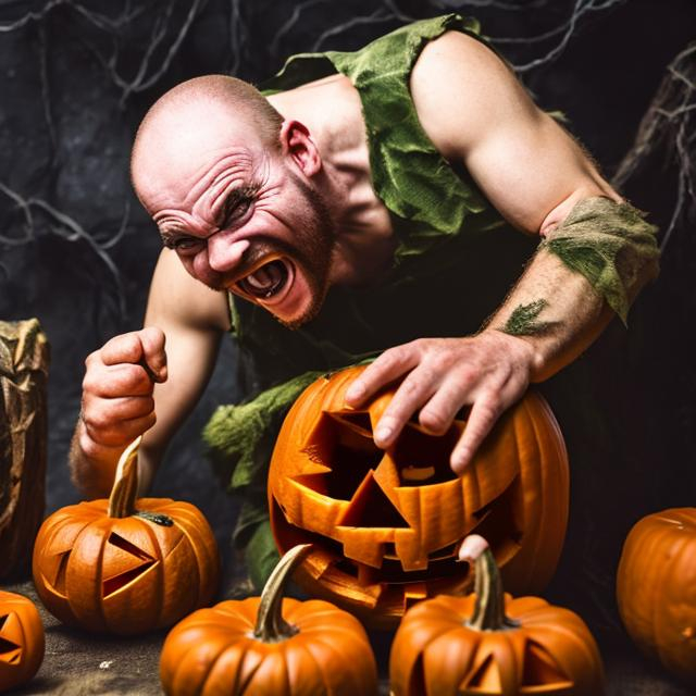 Prompt: Crazy Irishman uses his teeth and fingers to carve out a Halloween turnip 