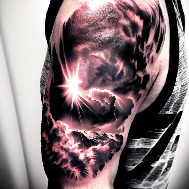 Prompt: Upper Arm Tatoo of a sun shiningcoming through a storm