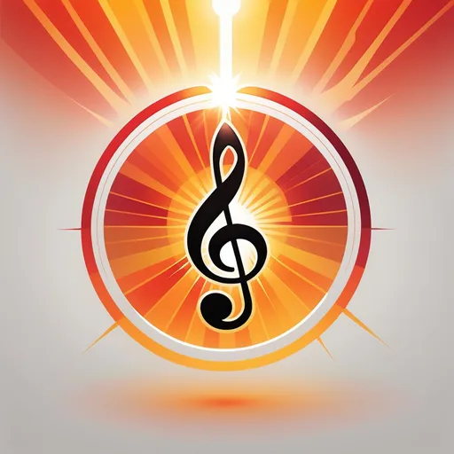 Prompt: minimalist logo design, treble clef, light at the center, vibrant sun burst background, sun flare effect, (red, orange, and yellow with contrast), modern, clean lines, dynamic composition, album cover style, warm tones, creative and sleek, ultra-detailed, high quality 4K.