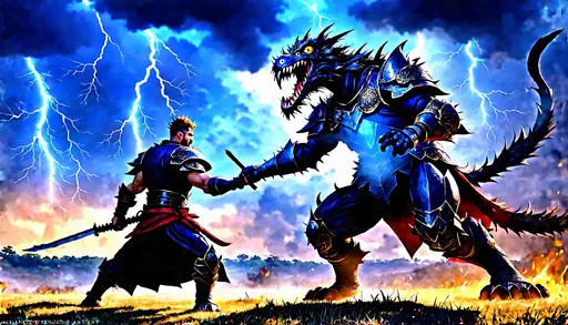 Prompt: (mulhyoep warrior), dynamic battle pose against a colossal yokai, vibrant colors, intense action scene, intricate details on warrior's armor and weapon, show tension and determination in the warrior's facial expression, sprawling Japanese countryside background, dramatic clouds, lightning illuminating the scene, (ultra-detailed) composition, (4K) resolution, cinematic atmosphere, epic struggle between good and evil.