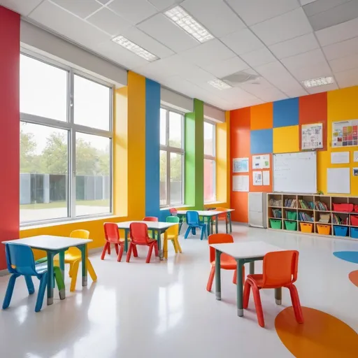 Prompt: generate a classroom with white floor, plastic chairs, big windows and colorful walls 

