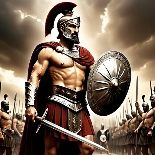 Prompt: King of Sparta, King Leonidas, with his great bravery defends the tyranny of Xerxes, the Persians, with his armor and his shield you can see that he has been in more than a hundred battles, his sword hangs from his waist shiny, resplendent, waiting to be used to defeat the Persians, with his right hand he holds a large spear with the tip forged in steel dripping with blood that has just been taken from the enemy, ready to throw it far away, pointing at Xerxes that is seen approaching from a great distance, in the valley between the sea and the great mountain that borders it, reliasta, 4k, high definition, large scale details