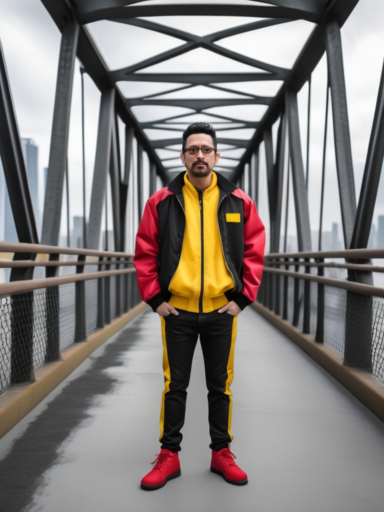 Prompt: a man standing on a bridge in a black and yellow jacket and black pants and a red and yellow jacket, Eddie Mendoza, plasticien,  a photo of alejandro sanche martinez