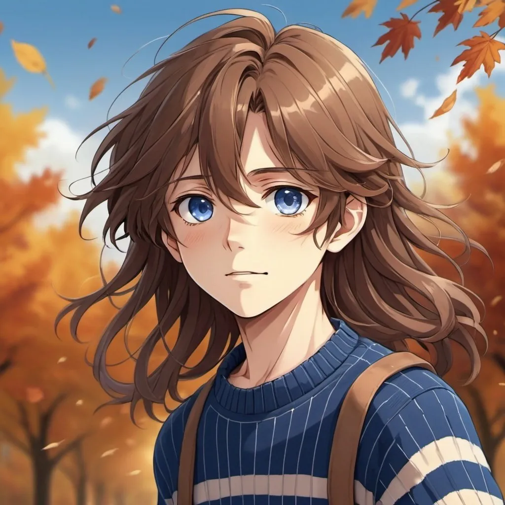 Prompt: Anime illustration of an innocent boy with long flowing brown hair, shoulder-length hair waving in the wind, wearing a striped blue sweater, autumn setting, detailed eyes, high quality, anime, innocent, autumn colors, long hair, shoulder-length, flowing hair, striped sweater, atmospheric lighting