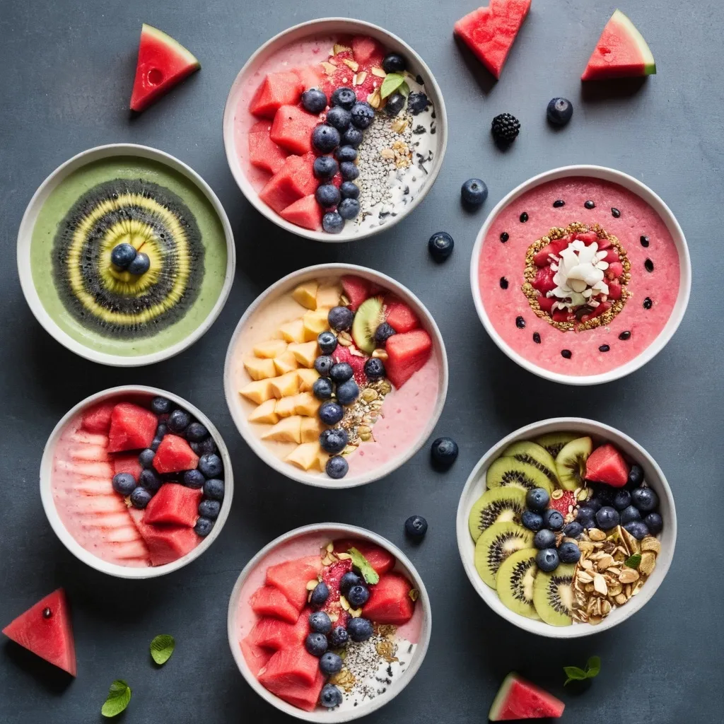 Prompt: a selection of smoothie bowls with watermelon and different toppings