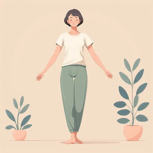 Prompt: Flat illustration a woman woman standing gracefully, (qi gong pose), (comfy pants), (t-shirt), barefoot with short hair, relaxed facial expression, tranquil setting, soft pastel colors, serene ambiance, minimalist background, capturing peace and focus, high detail, (4K) quality, smooth lines and curves, artistic flair, calming atmosphere., simple forms, simple shapes, vector, minimalism