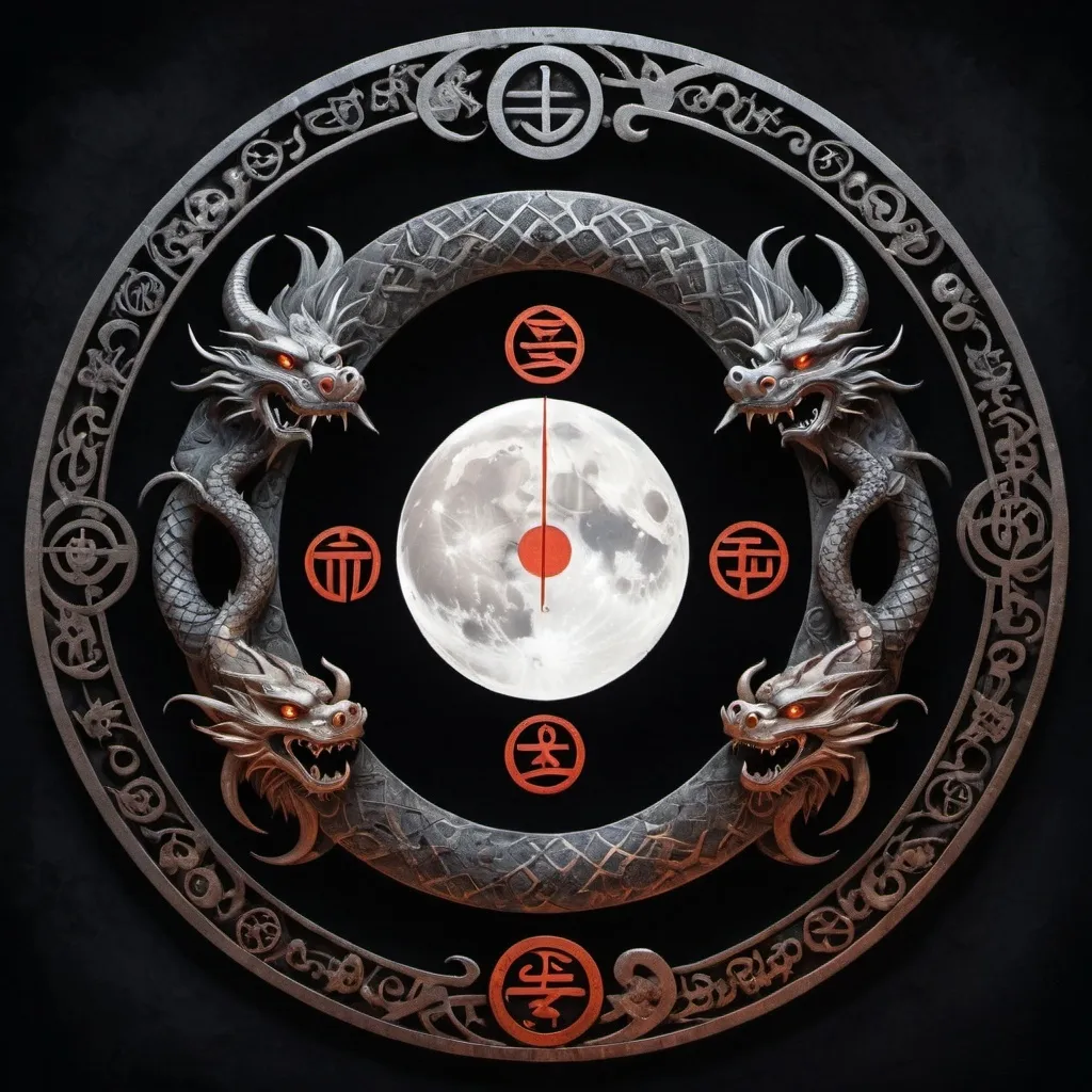 Prompt: A detailed, mystical image featuring a large, glowing moon at the center. Two dragons, one fiery white and the other deep black, are intertwined around the moon in a yin-yang pattern, their bodies gracefully encircling it. Within the moon, a circular arrangement of ancient runes is displayed, resembling the face of a clock. The runes are illuminated with a soft, otherworldly light. Two katanas are positioned are clock hands: a long katana represents the long hand of the watch, pointing to the 'Laguz' rune at the 3 o'clock position, while a shorter katana represents the small hand, pointing to the 'Fehu' rune at the same position. The background is a dark.