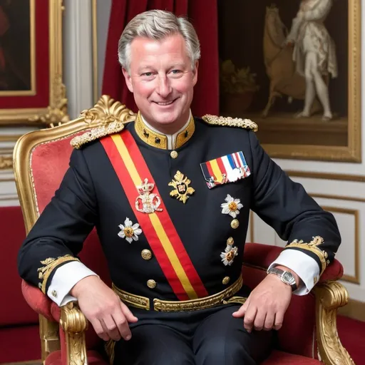 Prompt: I would like to have the Philippe the 
king of Belgium dressed up in Louis 14 style. It should be sitting with his hand crossed. He should be looking to the right smiling and with a in love mood
