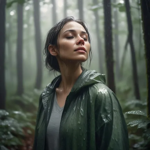 Prompt:  A woman walks slowly through a forest in gentle rain,  , face upward, accepting. Her body is upright and soft, not tense. Drops shimmer on leaves. Light breaks through the mist behind her, symbolizing clarity emerging from surrender.
Style: Realistic, soft ambient light with rich greens and grey tones