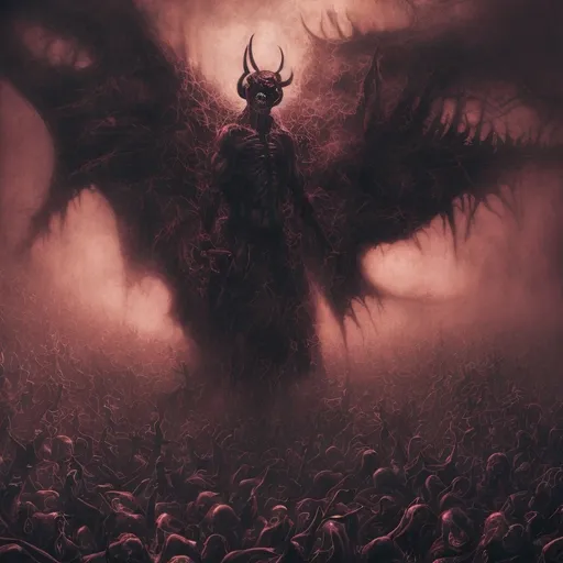 Prompt: (demon surrounded by a crowd of people) intricately designed, (scary and grotesque) urban setting, detailed textures, heavy metal aesthetic, intense color saturation, cinematic lighting, chaotic atmosphere, 1980s album cover style, influenced by Jason Edmiston, Beksinski, and Dan Mumford, surreal art elements, ultra-detailed, dynamic composition, metal album artwork vibe.