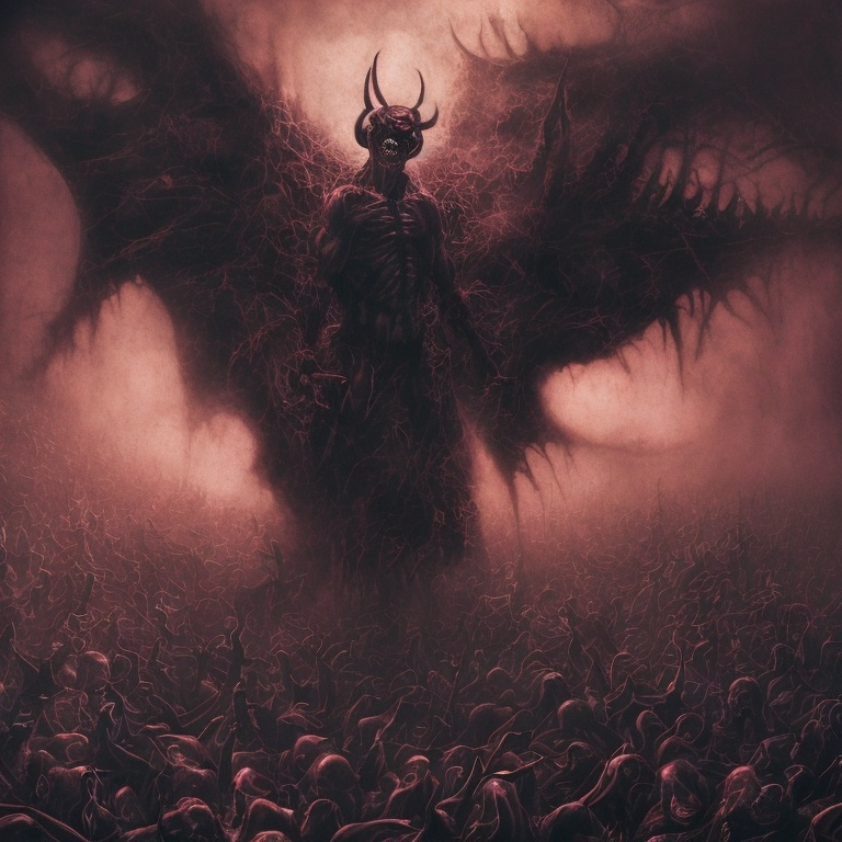 Prompt: (demon surrounded by a crowd of people) intricately designed, (scary and grotesque) urban setting, detailed textures, heavy metal aesthetic, intense color saturation, cinematic lighting, chaotic atmosphere, 1980s album cover style, influenced by Jason Edmiston, Beksinski, and Dan Mumford, surreal art elements, ultra-detailed, dynamic composition, metal album artwork vibe.