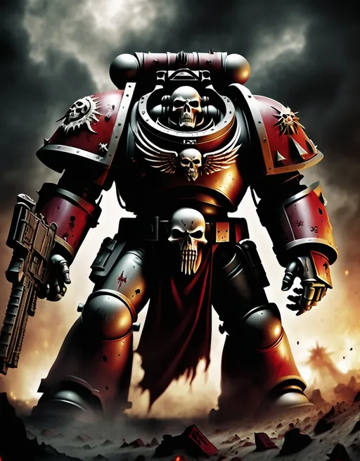 Prompt: Chaos spacemarine Warhammer 40000 darktide bloody crazy "war is now", black faded image borders