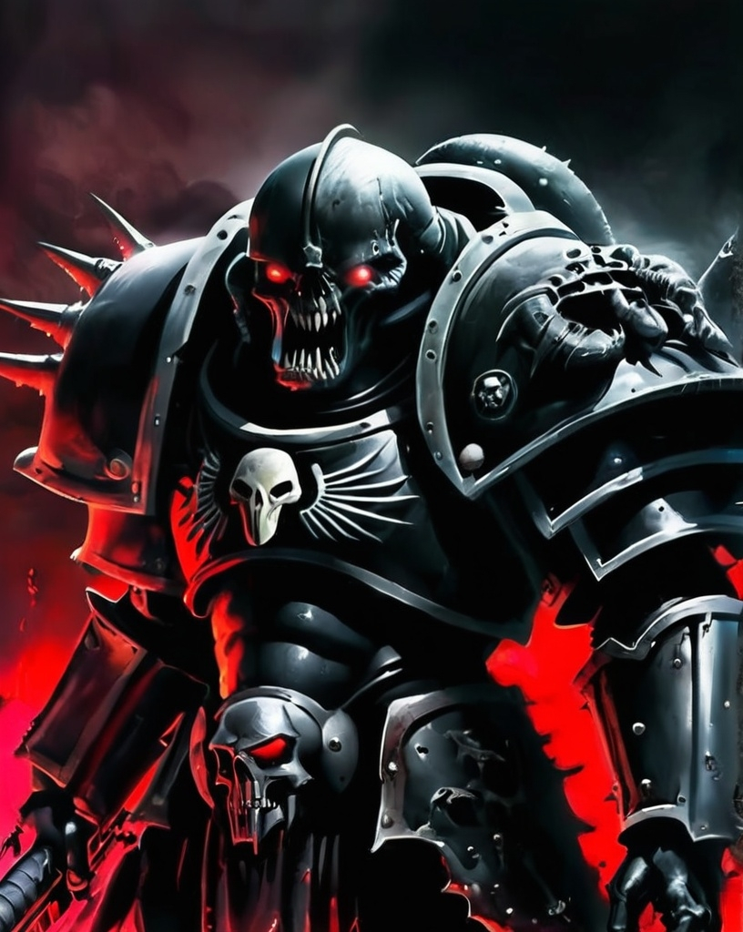 Prompt: black spacemarine Warhammer 40000, dark world war, blood, alien monster invasion