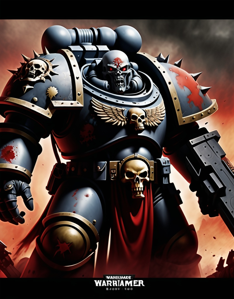 Prompt: Chaos spacemarine Warhammer 40000 darktide bloody crazy "war is now", black faded image borders