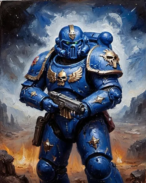 Prompt: Blue spacemarine Warhammer 40000 dark world war protection, fade image edges 