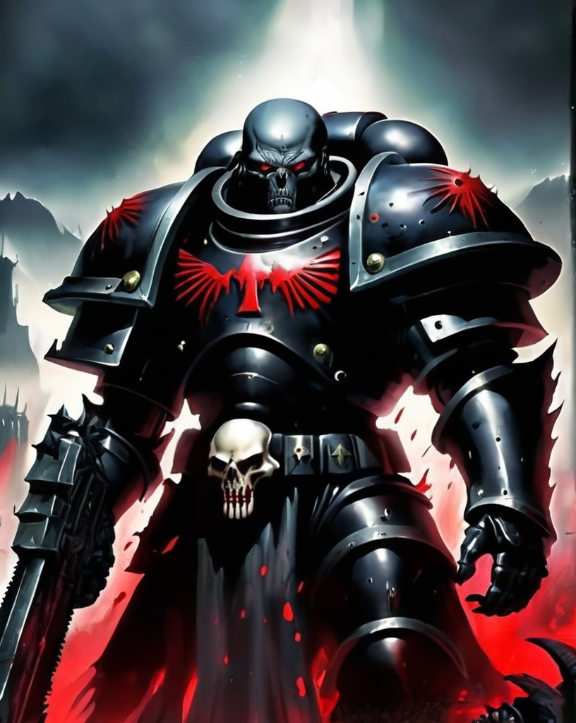 Prompt: black spacemarine Warhammer 40000, dark world war, blood, alien monster invasion