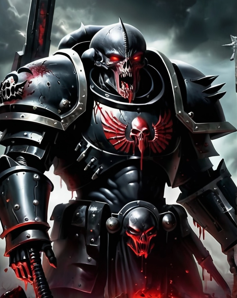 Prompt: black spacemarine Warhammer 40000, dark world war, blood, alien monster invasion