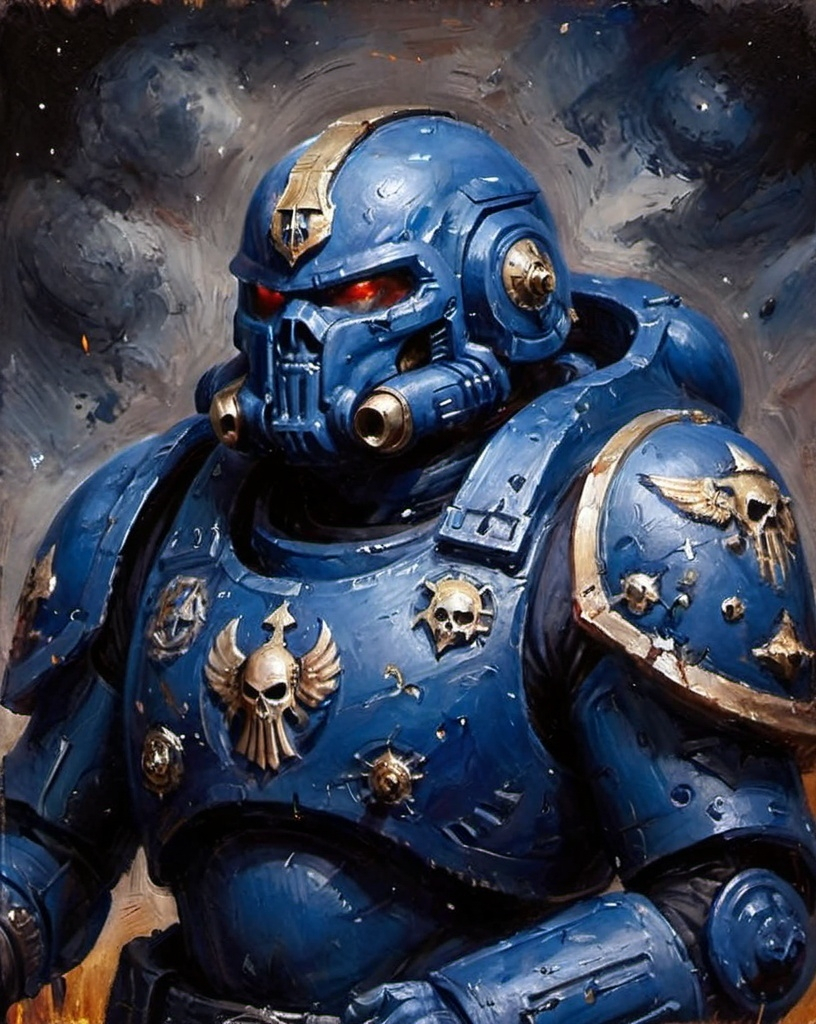 Prompt: Blue spacemarine Warhammer 40000 dark world war protection, fade image edges 